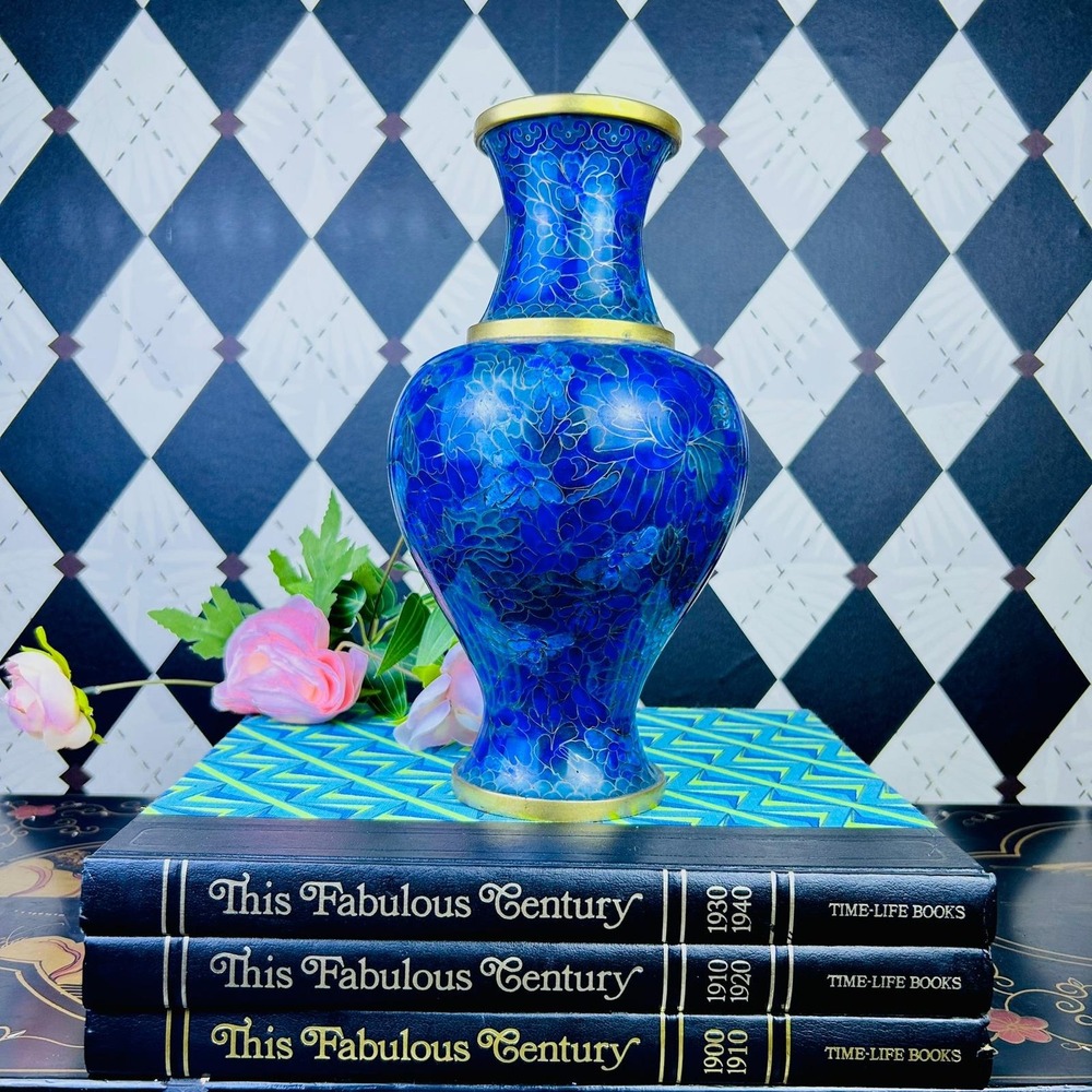 Large Blue Cloisonné 10" Floral Vase Brass Trim Vintage Elegance - Picture 10 of 10